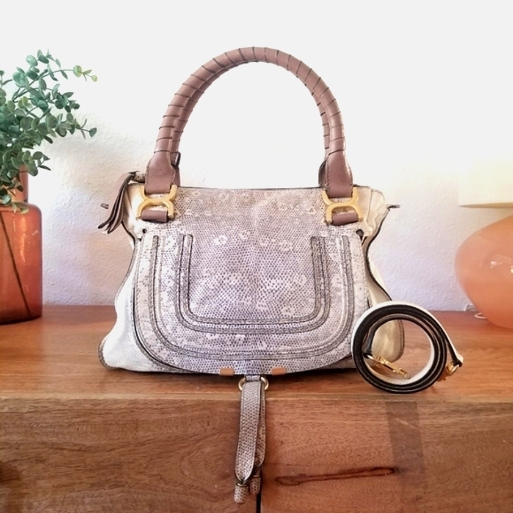 Chloe Marcie Medium Lizard Embossed Satchel Handbag Crossbody Bag Used